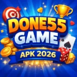 Done55 Game APK 2026 mobile game interface with rewards, dice, cards, and trophy